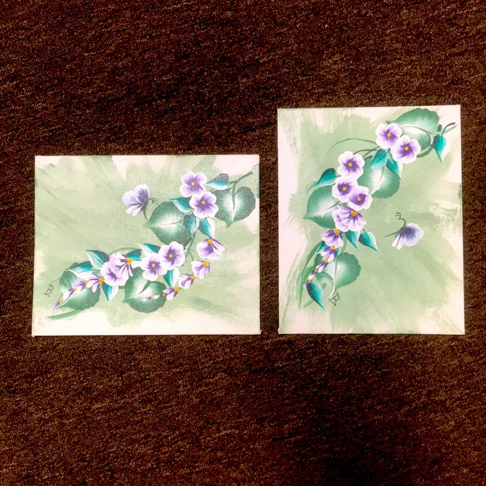 2 Original Signed Flowers‎ & Butterfly Acrylic Paintings on 8x10 Canvas Boards